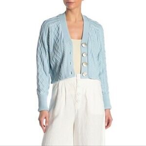 FAHERTY Julianne Baby Blue Cable Knit Cropped Cardigan Button Front Women's S